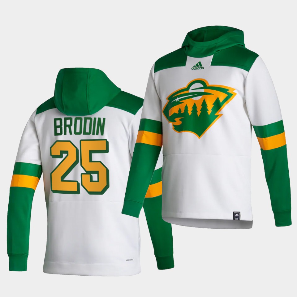 Men Minnesota Wild #25 Brodin White NHL 2021 Adidas Pullover Hoodie Jersey